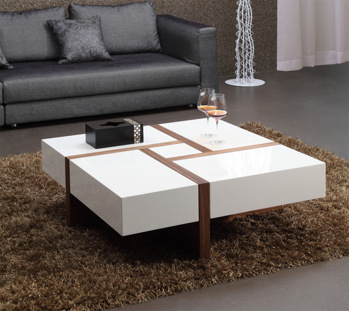 471985 Modern White & Walnut Square Coffee Table with Storage