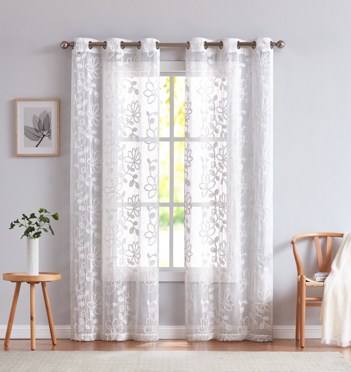 84 in. White Floral Embroidered Window Panels - Set of 2