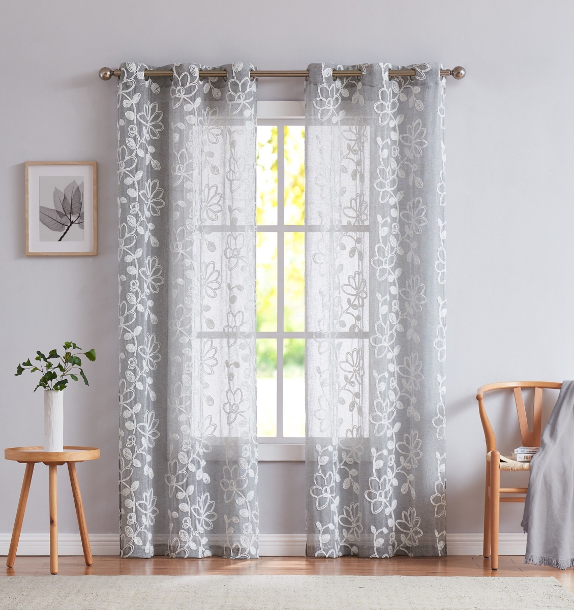 96 in. Silver Floral Embroidered Window Panels - Set of 2