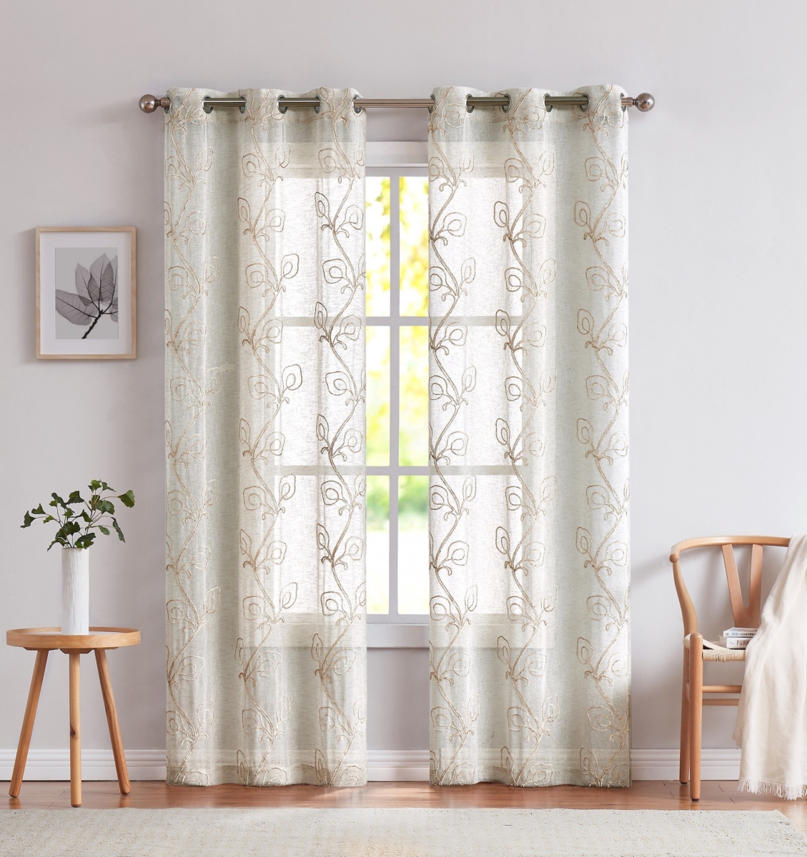 96 in. Beige Boho Embroidered Window Panels, Linen - Set of 2