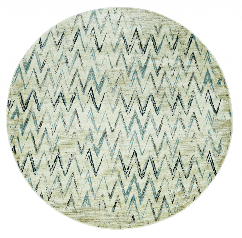 8 ft. Round Beige & Blue Distressed Chevron Area Rug - Ivory
