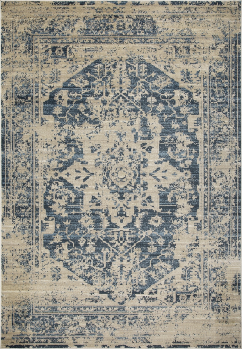 Beige & Blue Distressed Medallion Area Rug - Ivory - 3 x 5 ft.