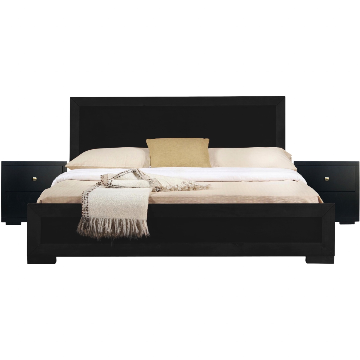 Moma Black Wood Platform King Size Bed with Two Nightstands