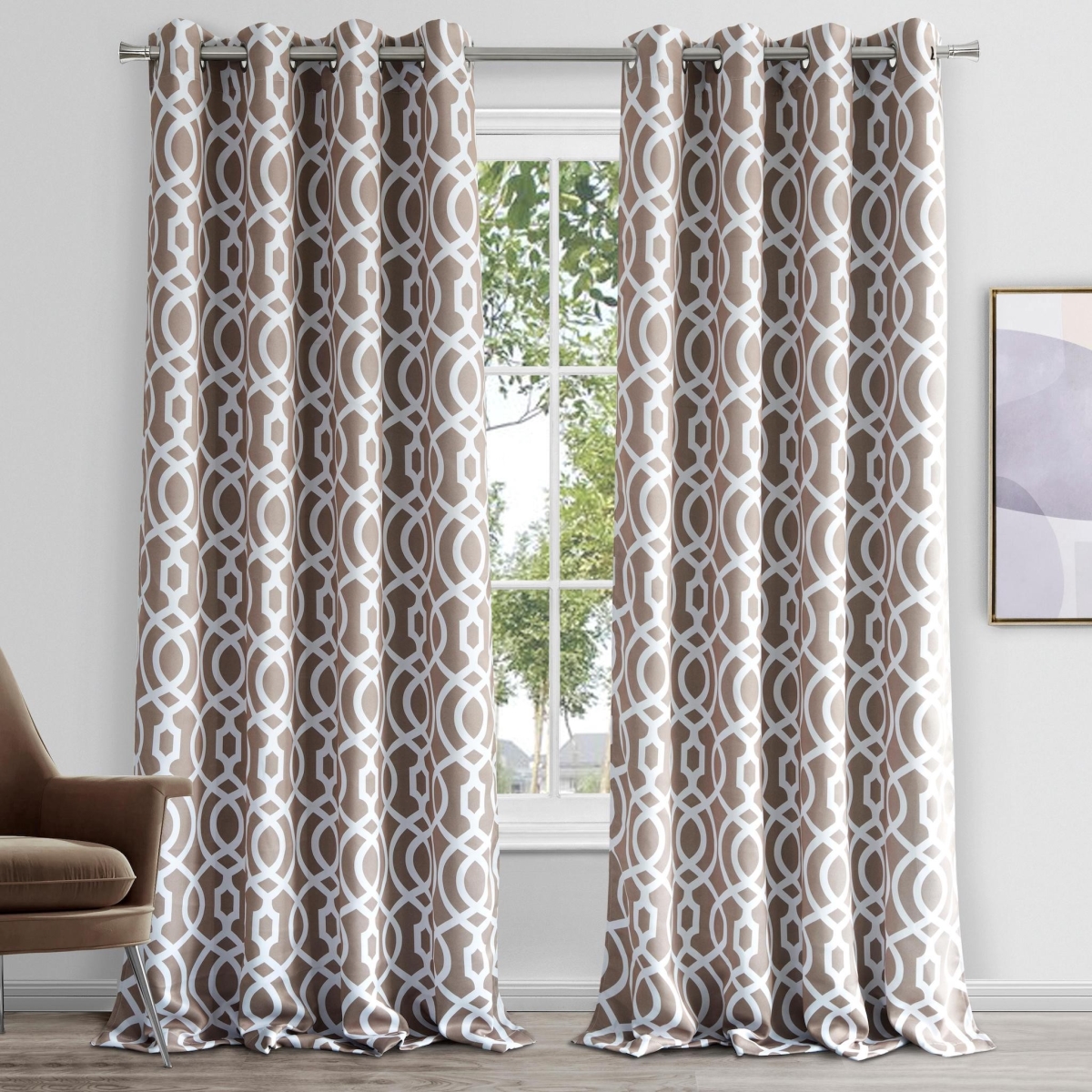 84 in. Taupe Trellis Black Out Window Curtain Panel