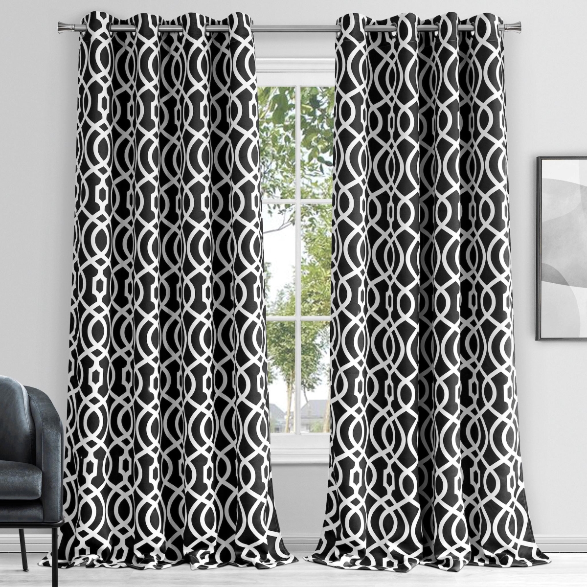 84 in. Jet Black Trellis Black Out Window Curtain Panel