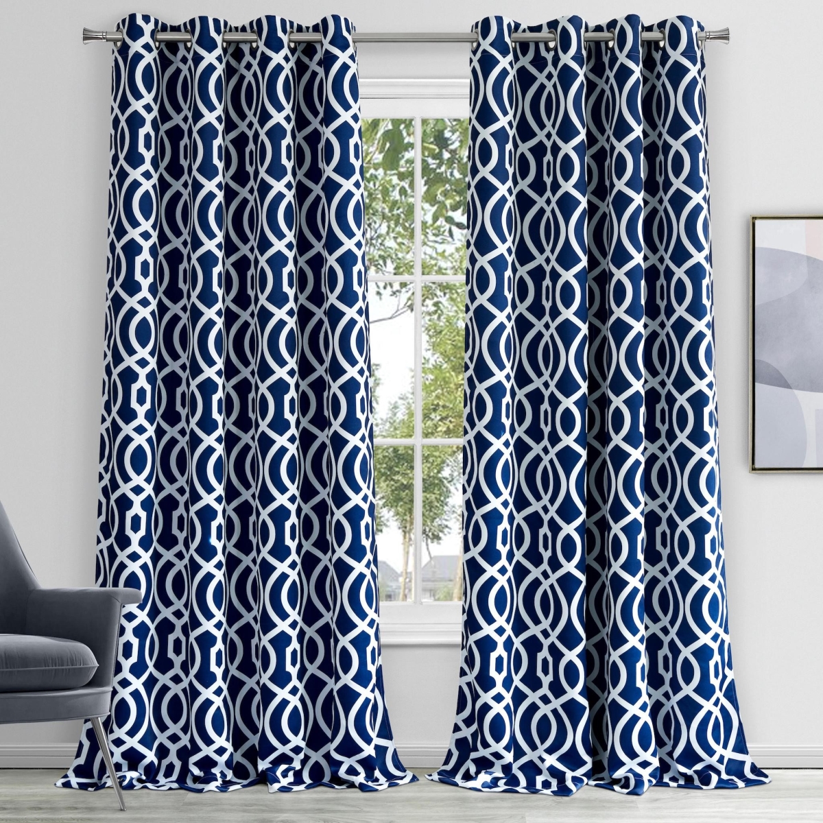 84 in. Navy Blue Trellis Black Out Window Curtain Panel
