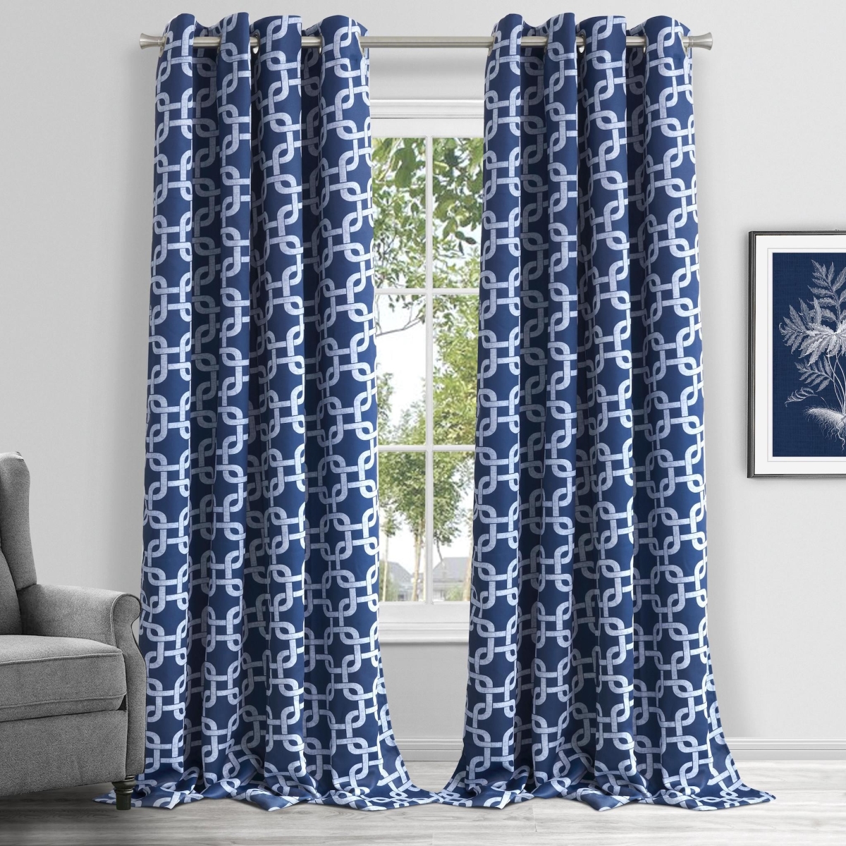 84 in. Navy Interlock Pattern Window Curtain Panel