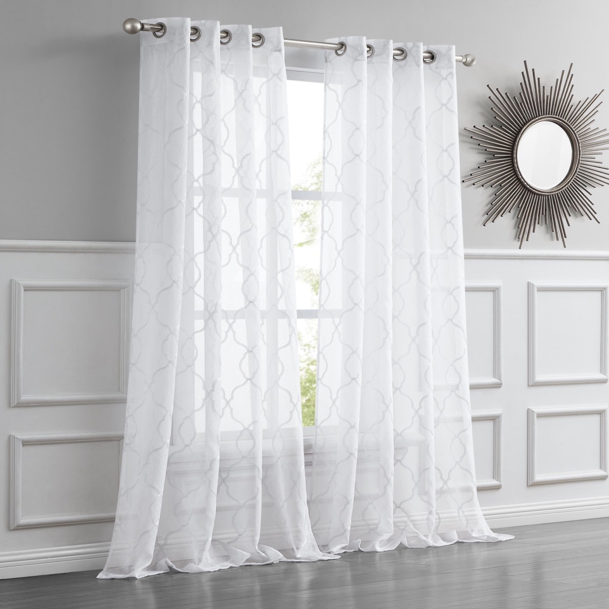 84 in. White Trellis Pattern Embroidered Window Curtain Panel