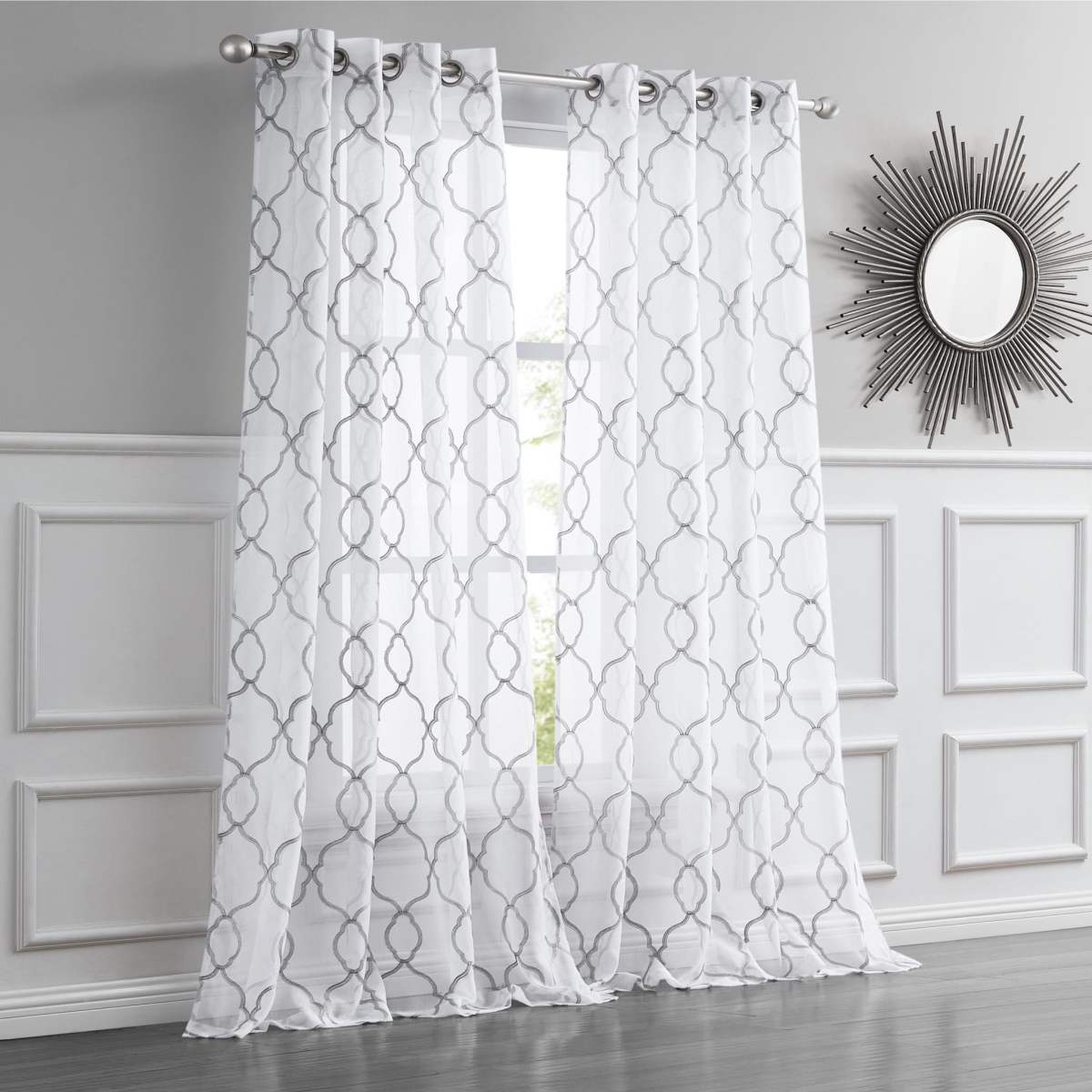 473337 84 in. Silver Trellis Pattern Embroidered Window Curtain Panel