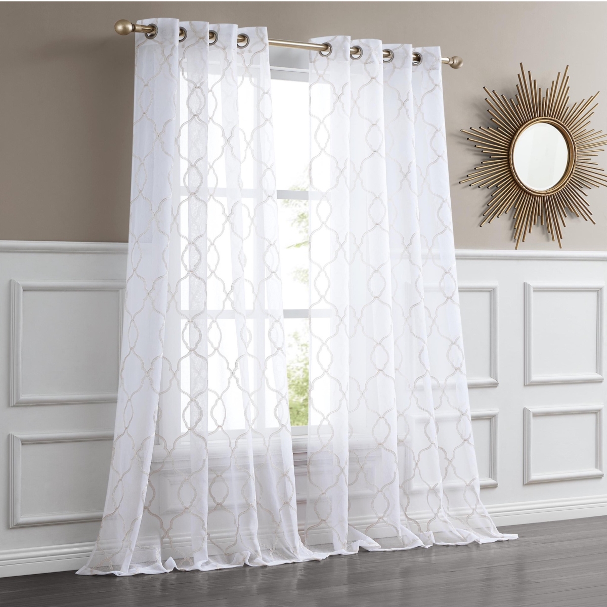 473338 84 in. Charcoal Trellis Pattern Embroidered Window Curtain Panel