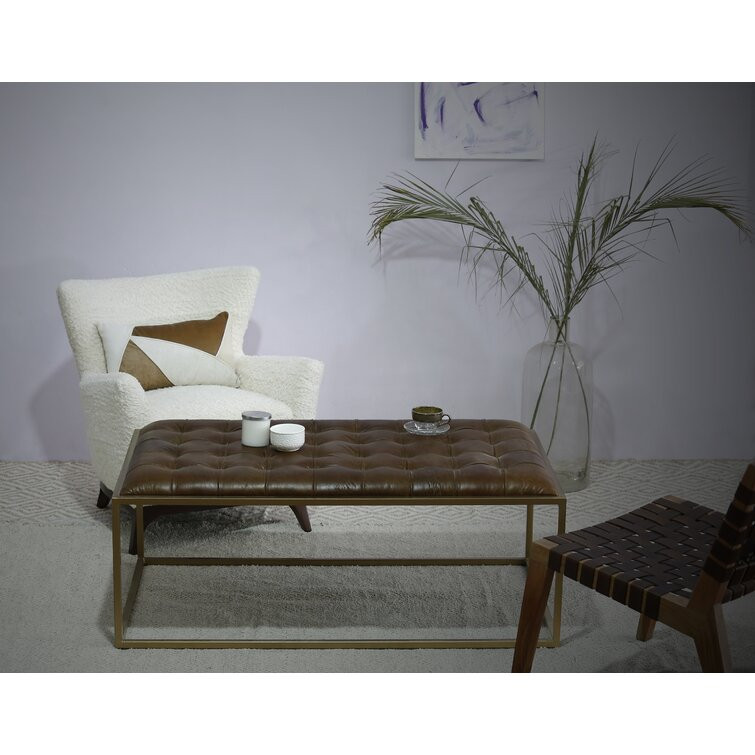 476486 48 in. Brown Genuine Tufted Leather & Iron Coffee Table