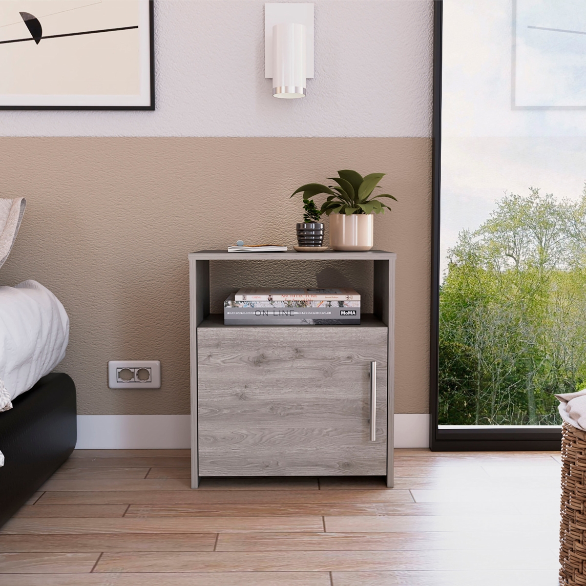 473300 Black Nightstand with One Door Panel Cabinet, Wenge