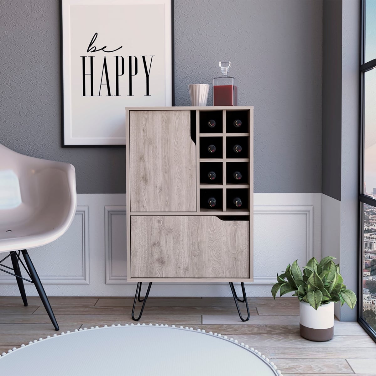 Light Gray Bar Cabinet with Two Door Panels, Gray
