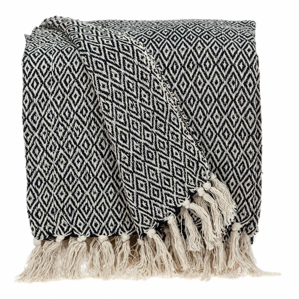 Picture of HomeRoots 476206 Boho Black & Beige Woven Diamond Pattern Throw with Tassels