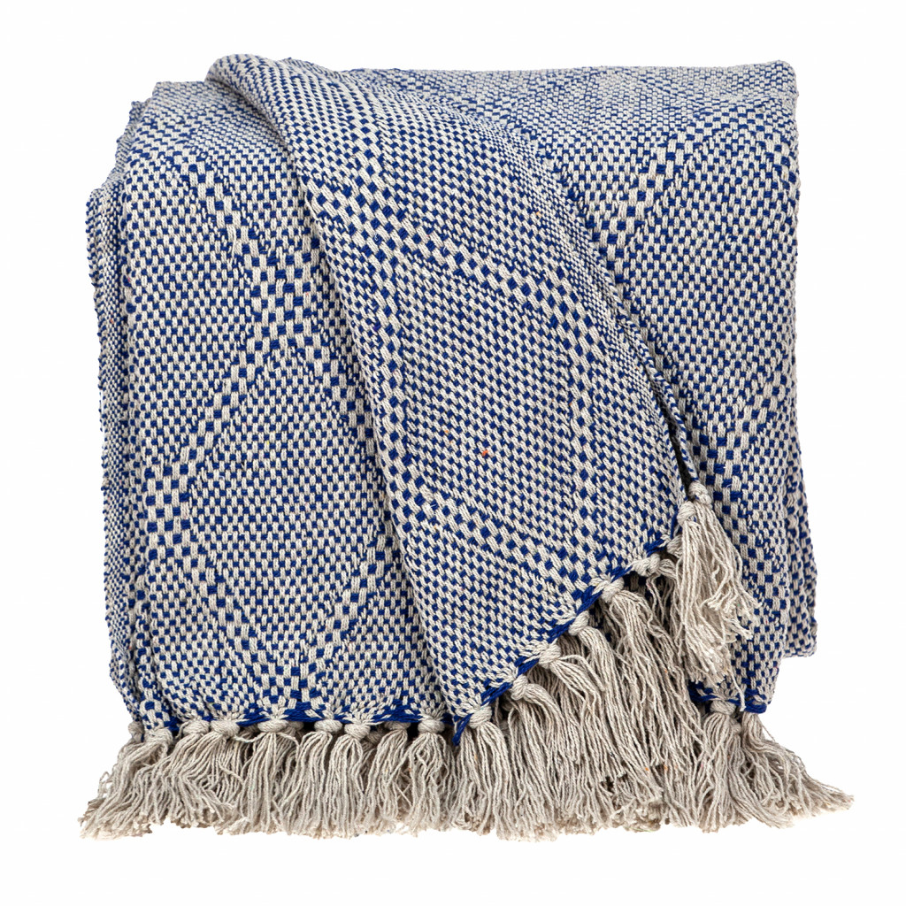 Picture of HomeRoots 476218 Blue & Beige Woven Handloom Throw with Tassels