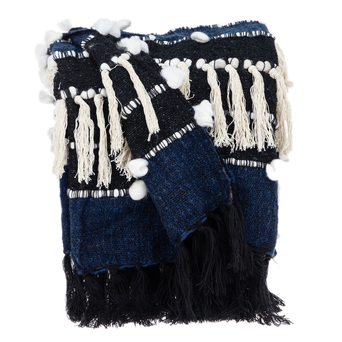 Picture of HomeRoots 476221 Navy Blue Boho Woven Handloom Throw with Pom Pom