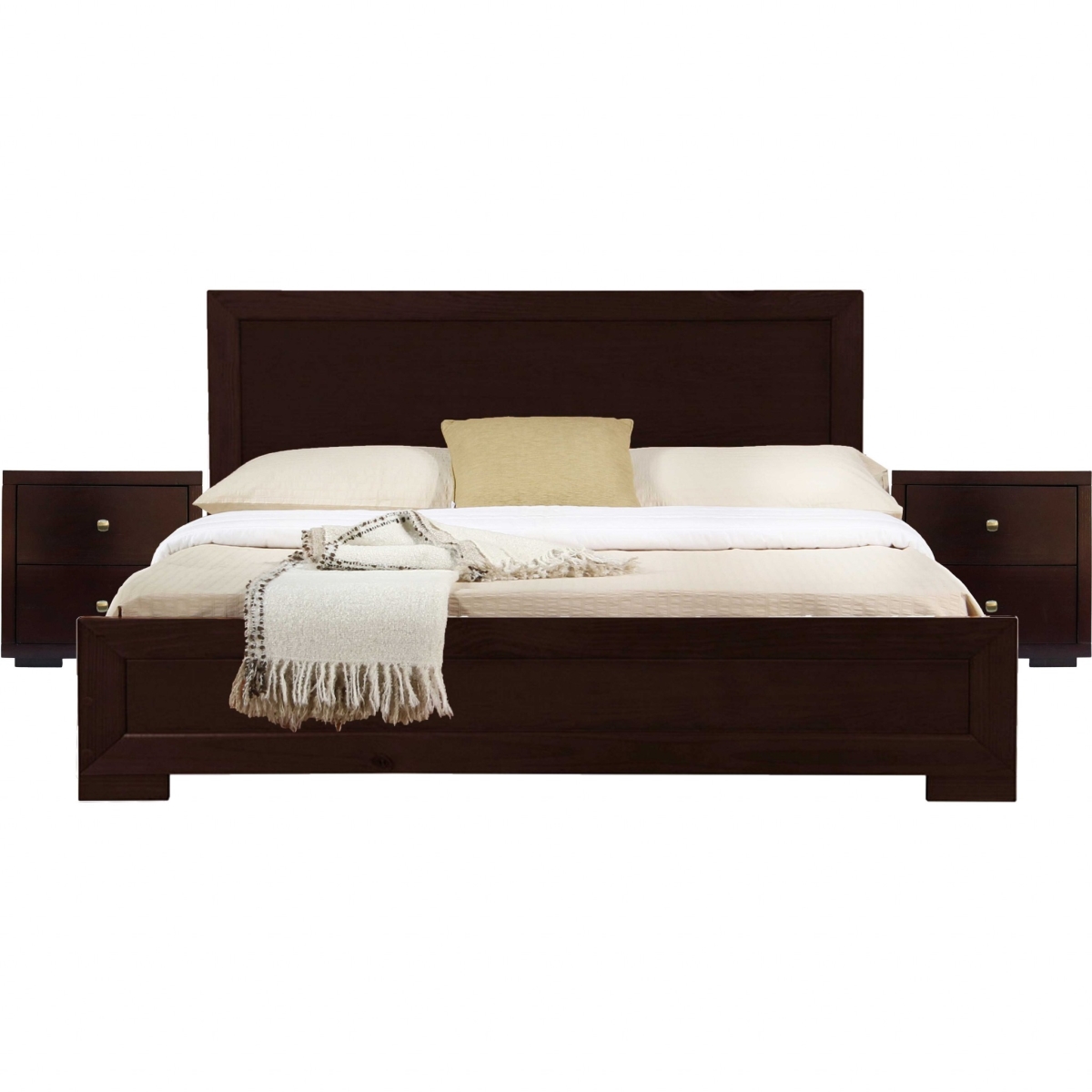 Moma Espresso Wood Platform Queen Size Bed with Two Nightstands