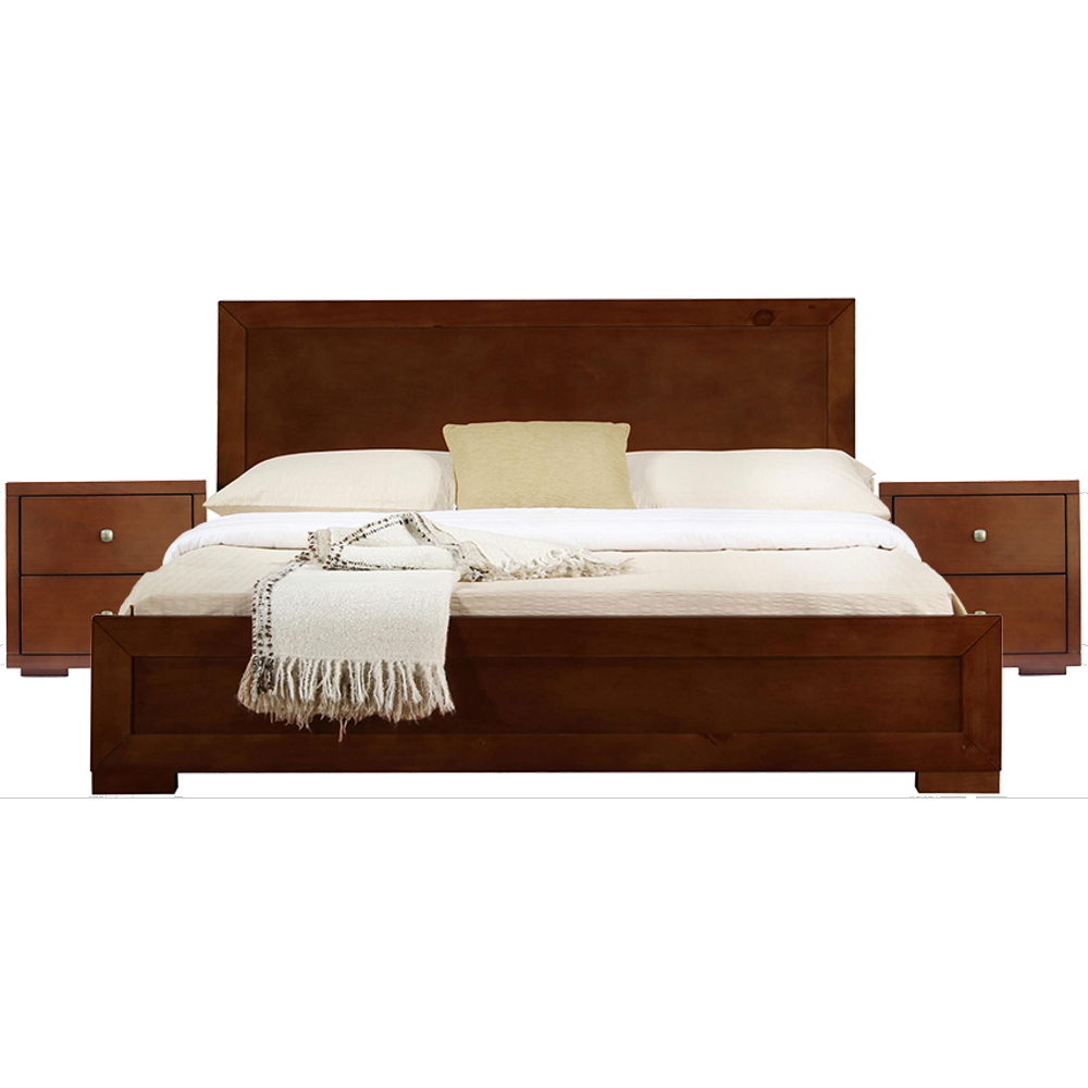 Moma Walnut Wood Platform Queen Size Bed with Two Nightstands