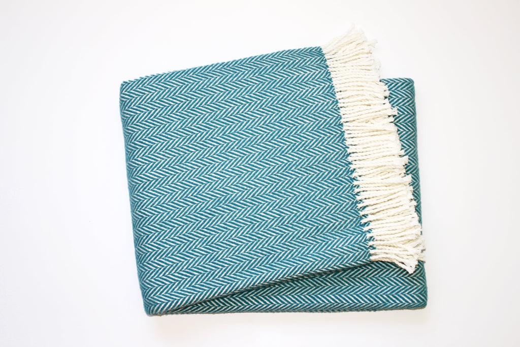 Dreamy Soft Herringbone Throw Blanket, Teal Blue & White