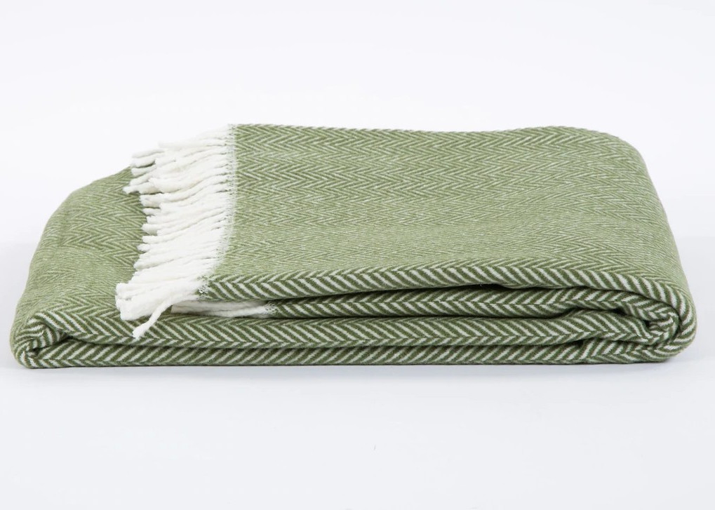 Moss Dreamy Soft Herringbone Throw Blanket, Green & White