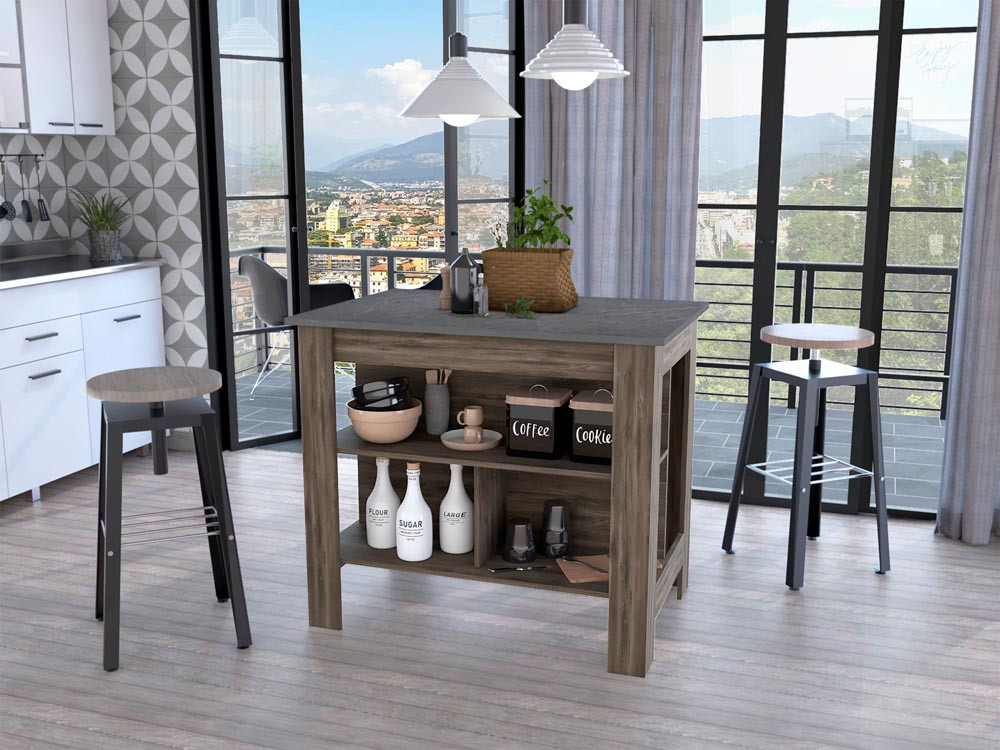 Picture of HomeRoots 474092 Dark Brown & Onyx Kitchen Island with Three Storage Shelves