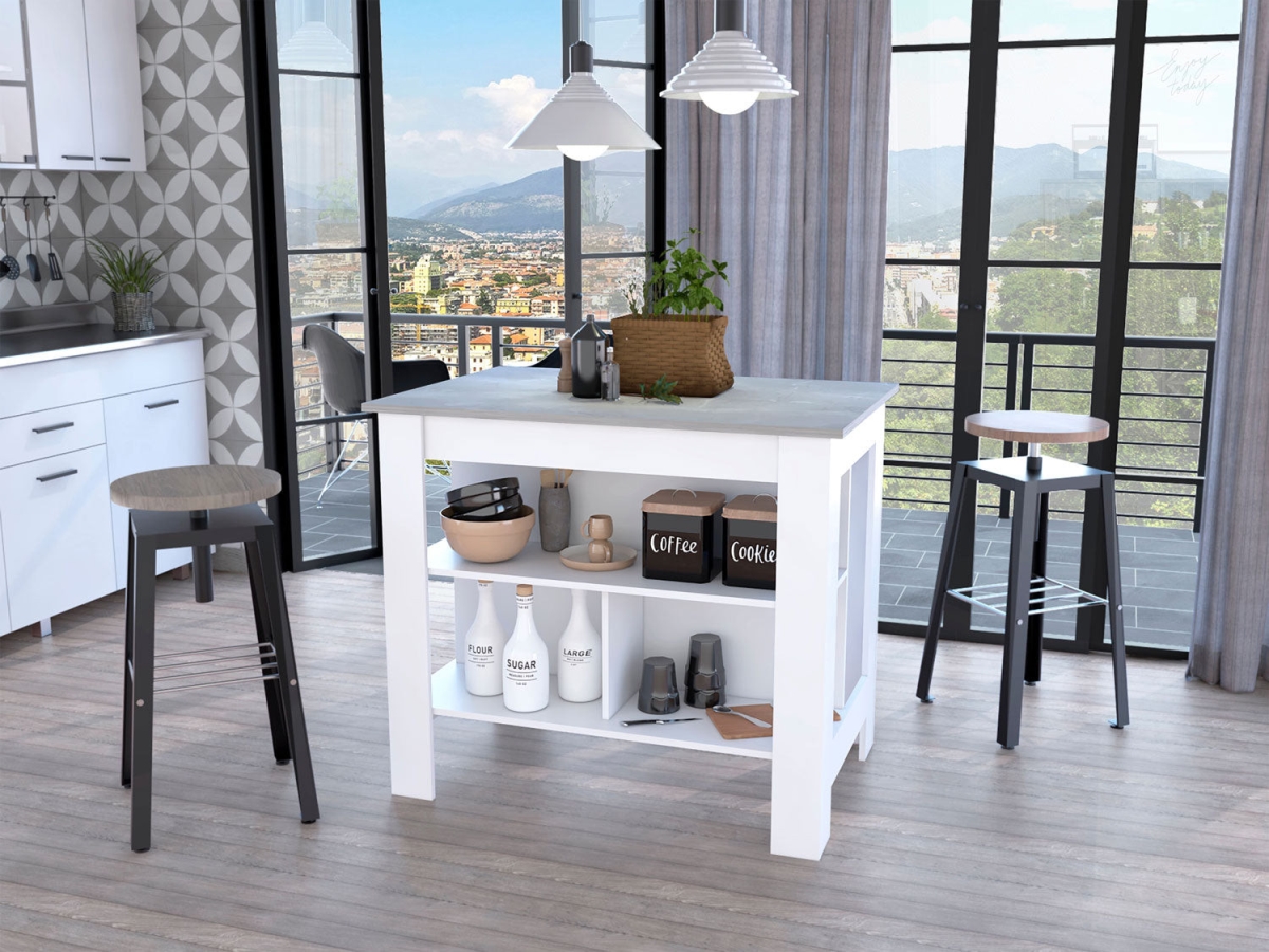 Picture of HomeRoots 474093 Marble & White Kitchen Island with Three Storage Shelves
