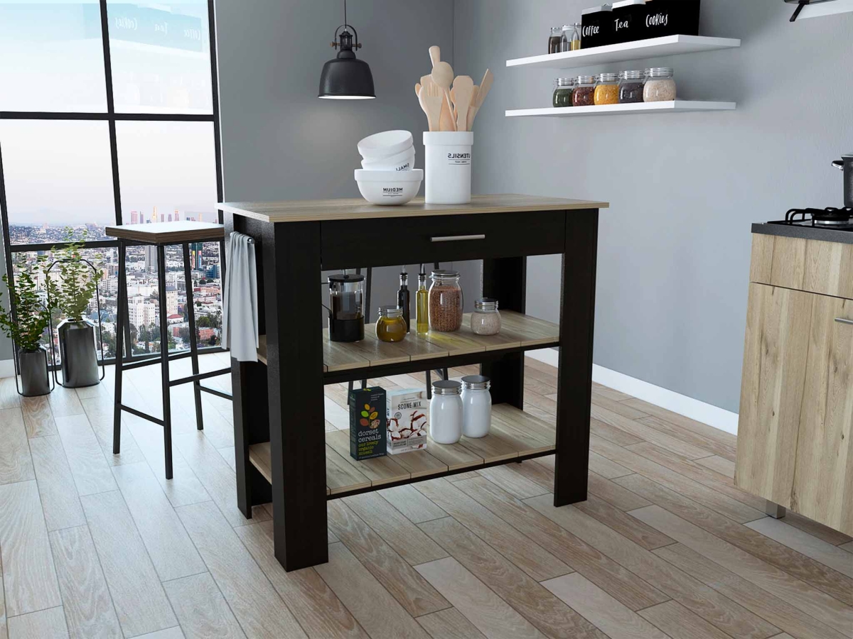 Picture of HomeRoots 474094 Light Oak & Black Kitchen Island with Drawer & Two Open Shelves