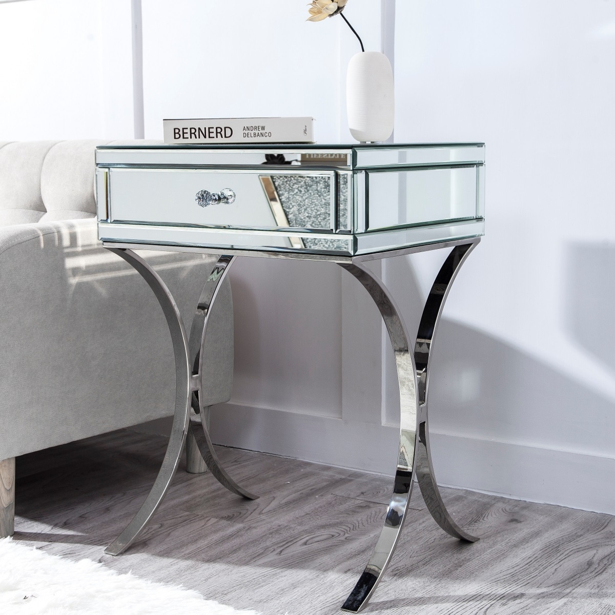 475782 Mirrored Finish Nightstand Drawer, Silver