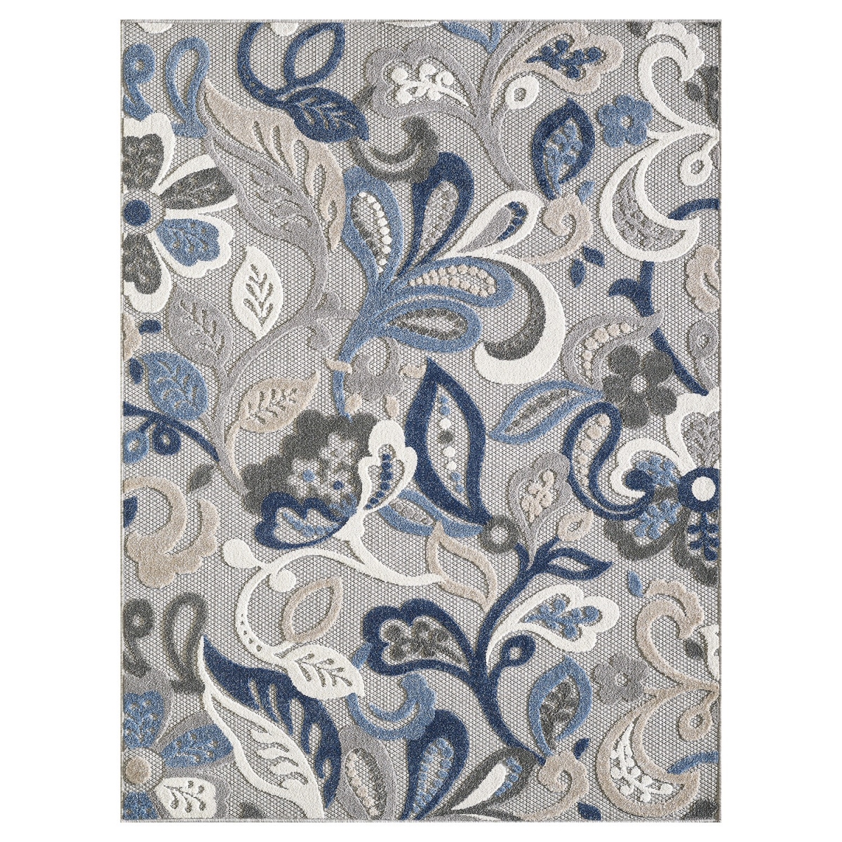 Jacobean Floral Indoor Outdoor Rectangle Area Rug - Blue & Grey - 3 x 5 ft.
