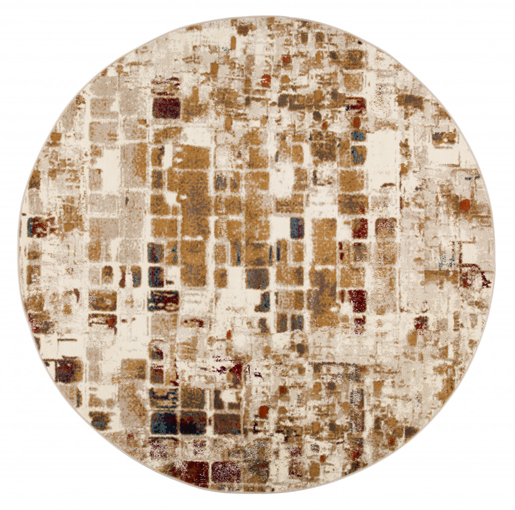8 ft. Round Brown & Beige Abstract Tiles Distressed Area Rug - Natural - 8 ft.