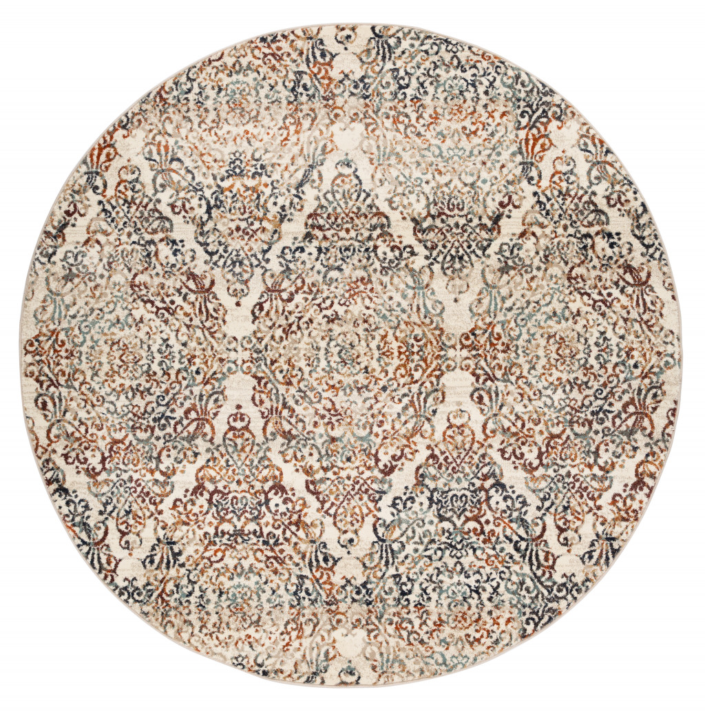 8 ft. Round Ivory & Brown Decorative Diamond Area Rug, Ivory