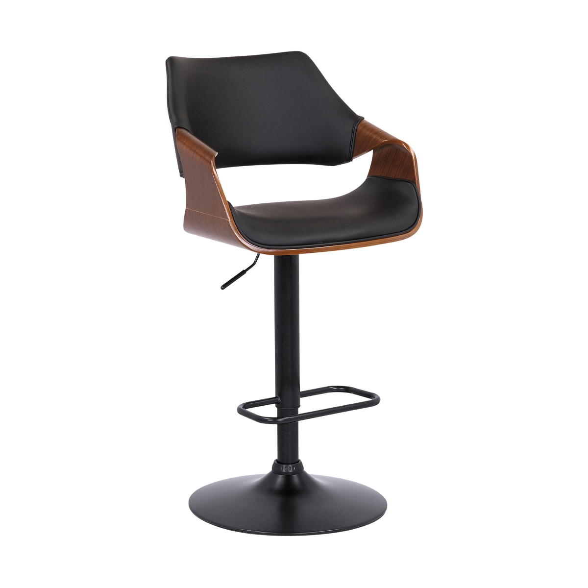 Black Faux Leather, Walnut Wood & Black Swivel Adjustable Bar Stool