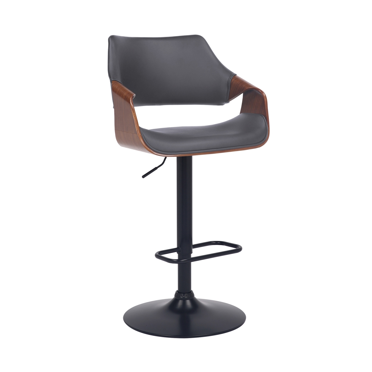 24.5 - 33 in. Faux Leather Walnut Wood & Black Swivel Adjustable Bar Stool, Grey