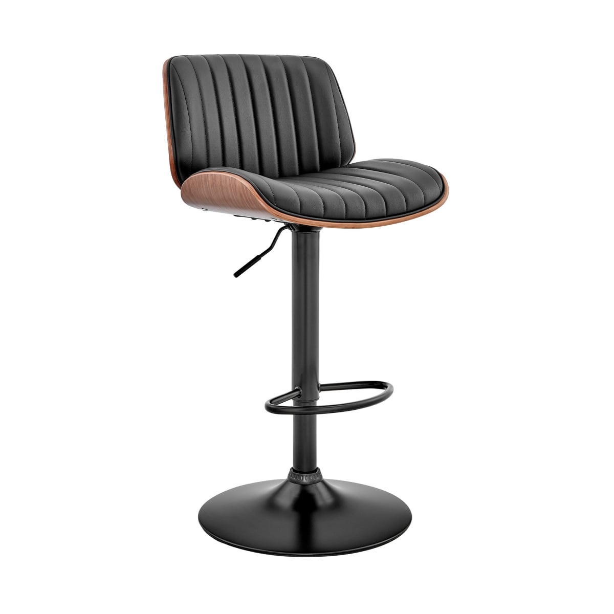 Adjustable Black Faux Leather Black Steel & Walnut Bar Stool