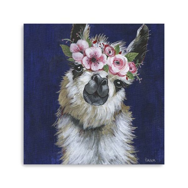30 in. Watercolor Flower Llama Canvas Wall Art, Blue