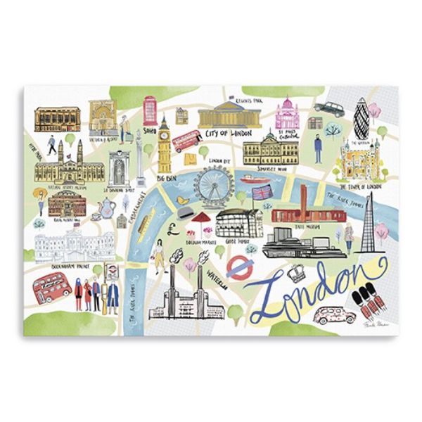 36 in. Fun Illustrated London Map Canvas Wall Art, Blue