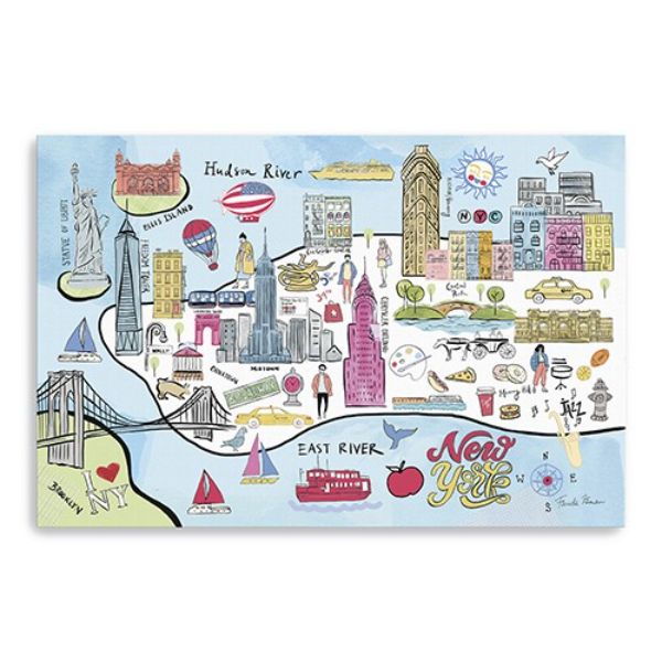 36 in. Fun Illustrated NYC Map Canvas Wall Art, Blue