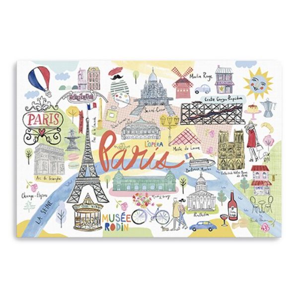 48 in. Fun Illustrated Paris Map Canvas Wall Art, Blue