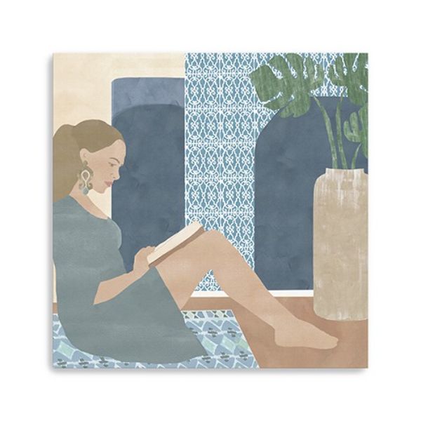 40 in. Bohemian Book Lady Canvas Wall Art, Blue