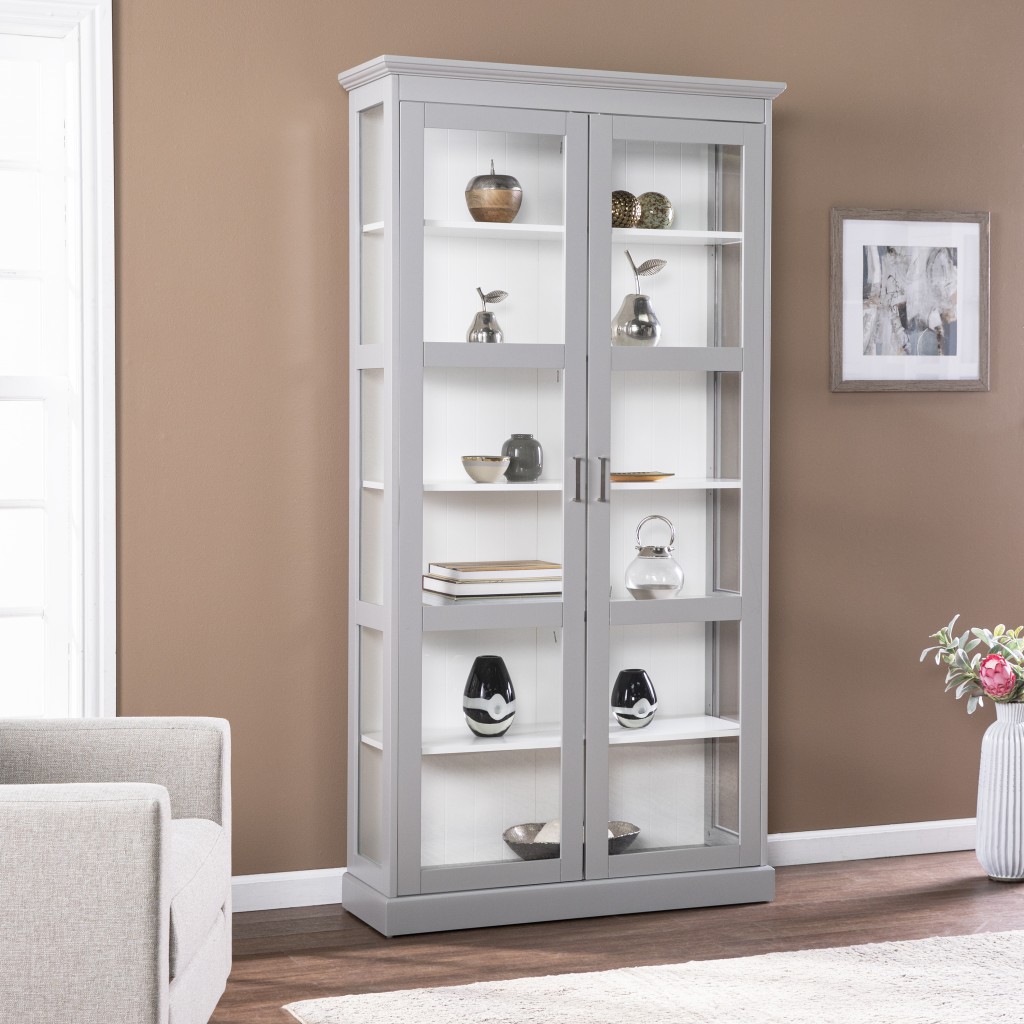 77.8 x 39.5 x 14 in. Cornice Molding Double Door Curio Cabinet, Gray