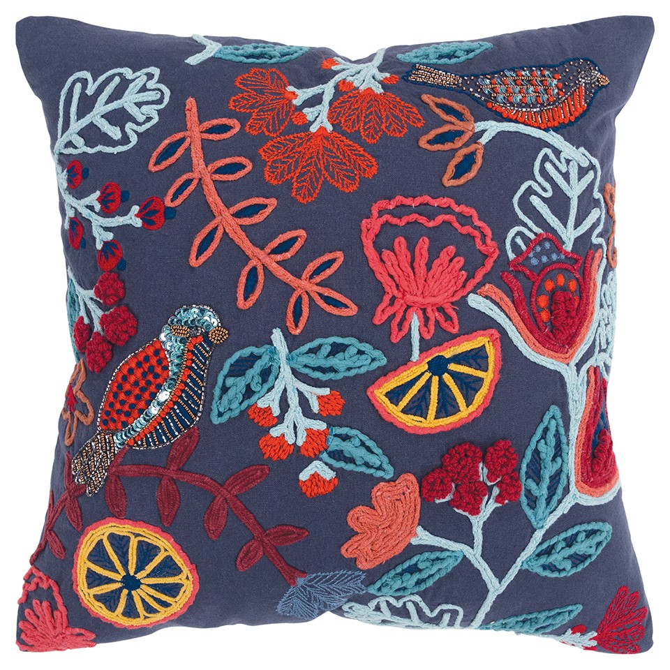 Dark Blue Jacobean Bloom Embroidered Throw Pillow, Navy, Gold & Aqua