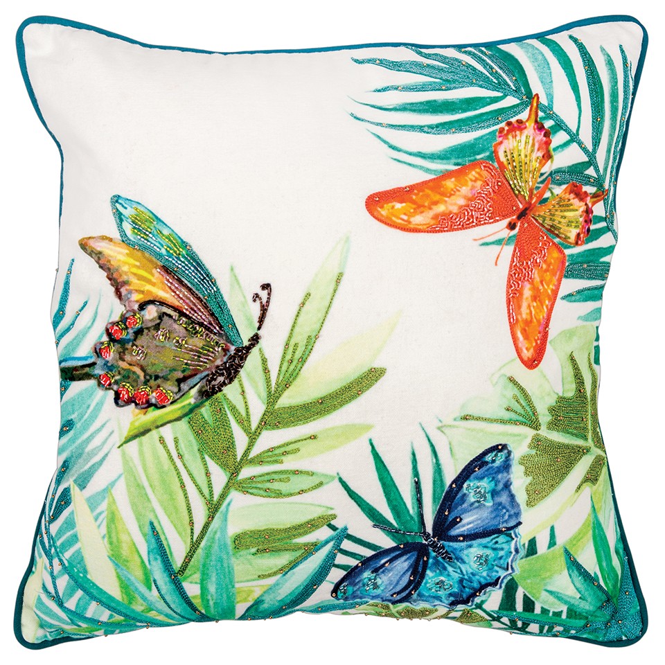 Butterfly Bliss Decorative Throw Pillow, White, Aqua & Green