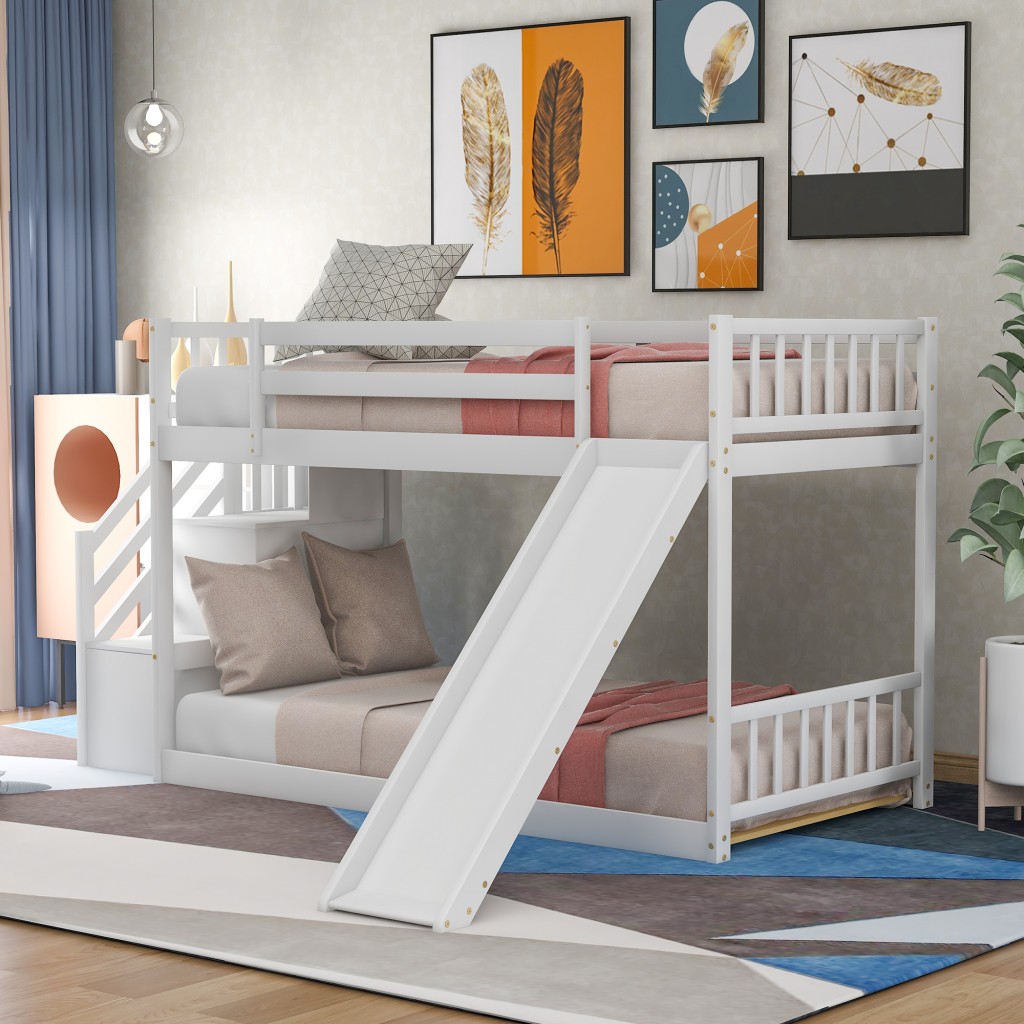 403914 51 x 76 x 39 in. White Twin Over Twin Size Bunk Bed with Stairway & Slide -  HomeRoots