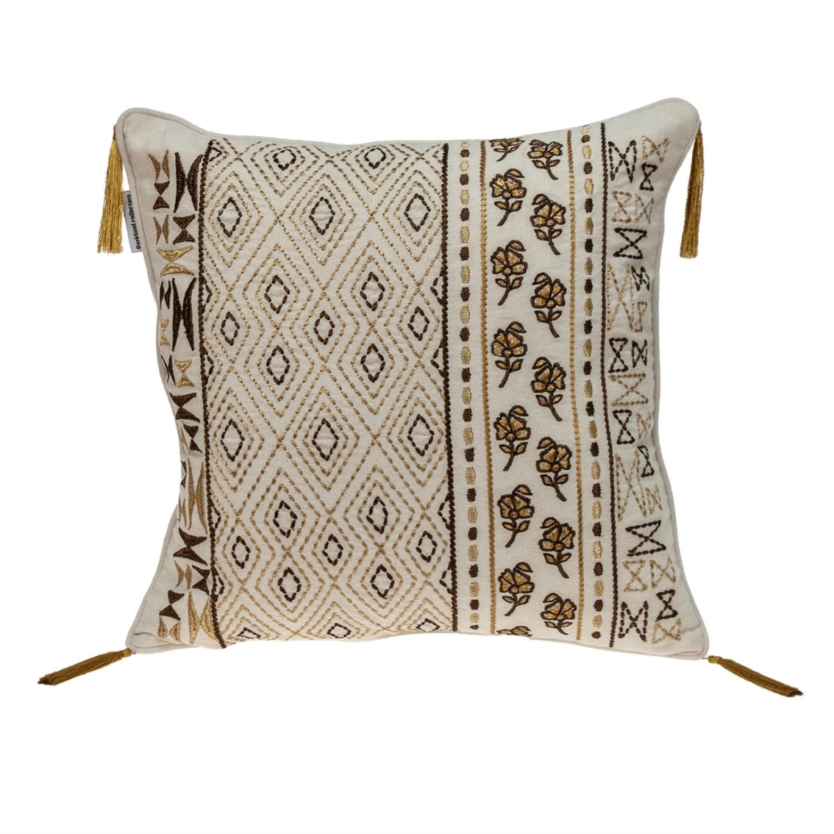 Beige, Gold & Bronze Embroidered Decorative Throw Pillow