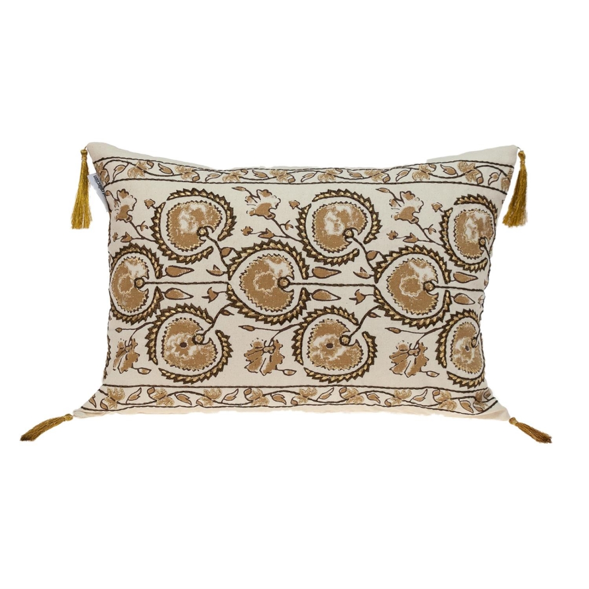 Gold & Bronze Embroidered Decorative Lumbar Pillow, Beige