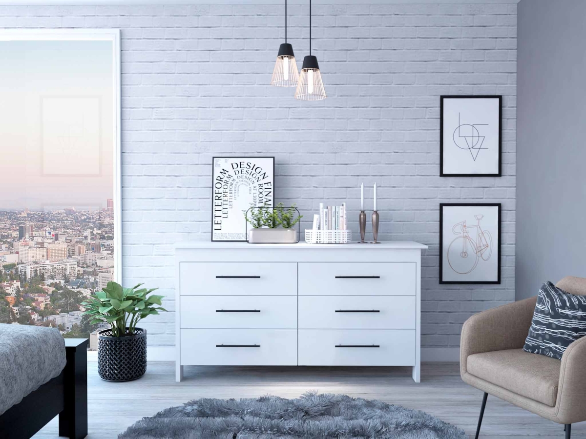 58 in. White Six Drawer Double Dresser