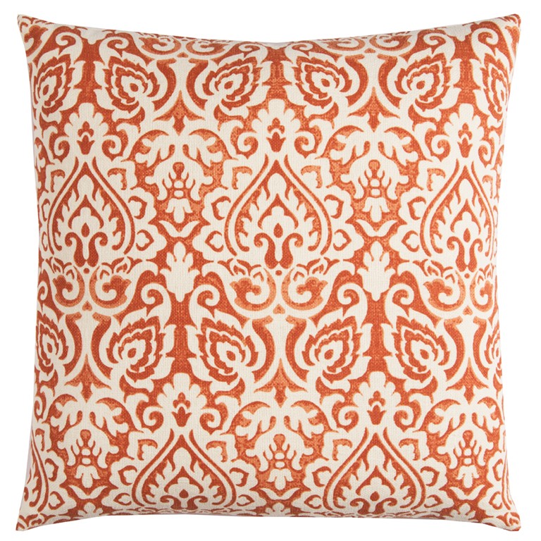 Distressed Damask Throw Pillow, Orange & White
