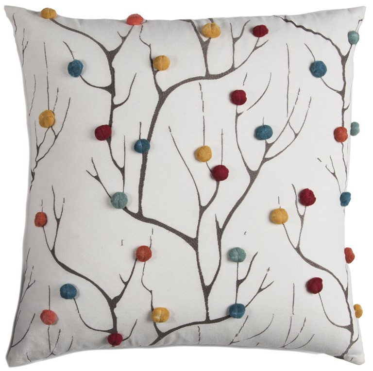 Colorful Pompom Branches Throw Pillow, Natural
