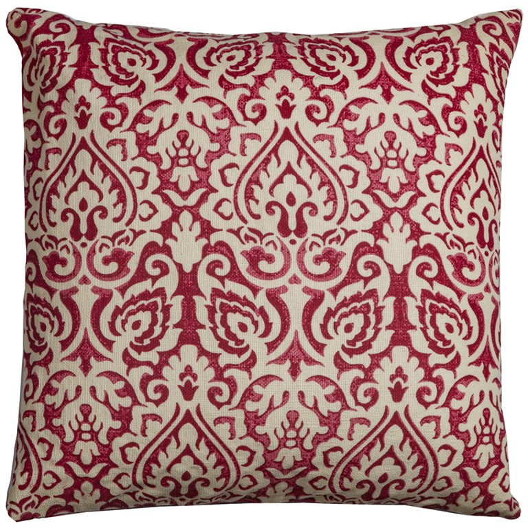403241 Red & Natural Distressed Damask Throw Pillow