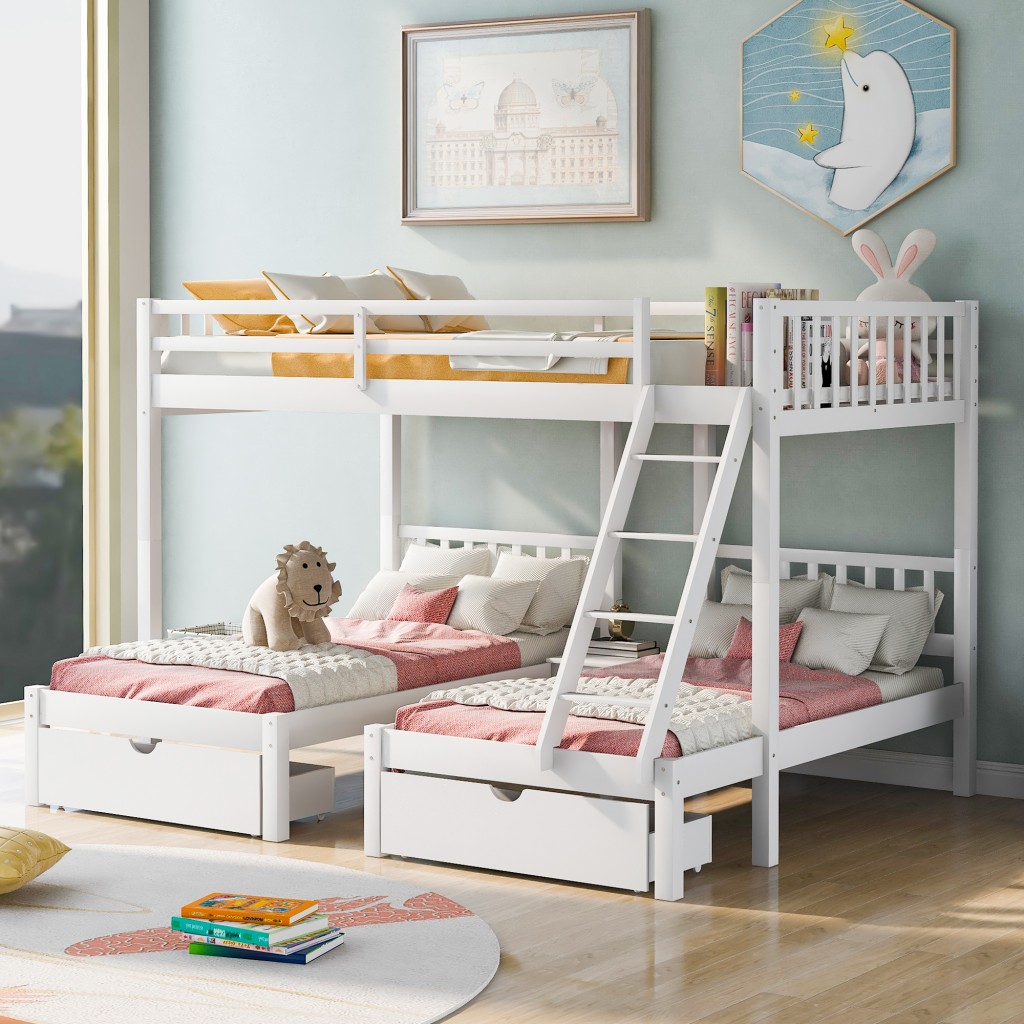 403618 White Full Over Double Twin Triple Bunk Beds with Drawers -  HomeRoots